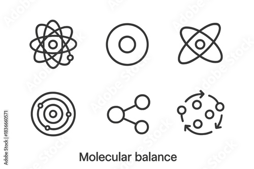 Molecular Balance Icons. Line style icons of Molecular Balance: atom orbit, nucleus core, electron path, energy shell, proton link
