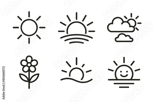Sunny Hope Icons. Line style icons of Sunny Hope: bright sun, rising beam, open sky, blooming flower, warm ray, smiling horizon.