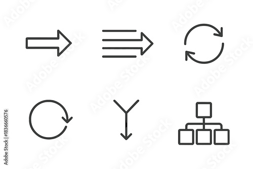 Data Flow Icons. Line style icons of Data Flow: input arrow, output stream, sync symbol, loop node, merge path, process chain. No