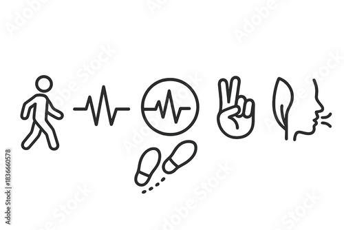 Conscious Motion Icons. Line style icons of Conscious Motion: walking line, heartbeat wave, pulse circle, hand gesture, rhythm