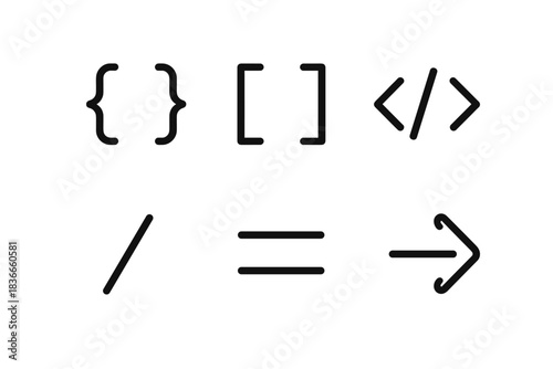 Coding Symbols Icons. Line style icons of Syntax Shapes: curly brackets, square brackets, code line, forward slash, equal sign,