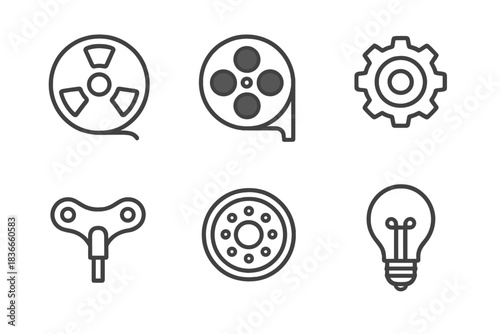 Mechanical Memory Icons. Line style icons of Mechanical Memory: reel tape, film spool, metal gear, winding key, button dial, glass