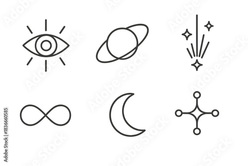 Cosmic Iconography. Line style icons of Cosmic Awareness: all-seeing eye, orbit halo, celestial beam, infinite loop, moon curve,