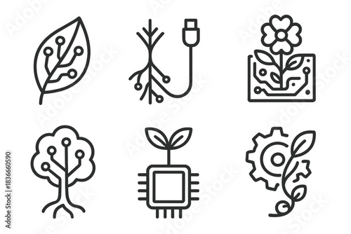 Organic Tech Icons. Line style icons of Organic Tech: leaf with circuit veins, root merging with cable, flower blooming from