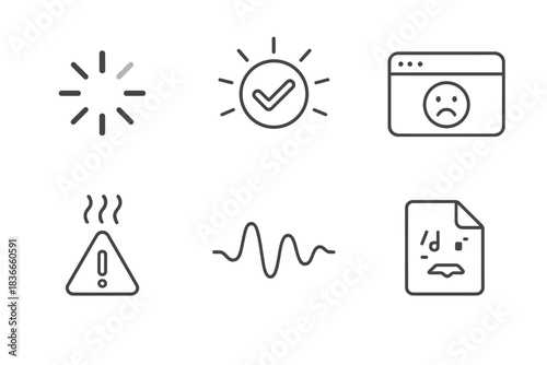 Emotional OS Icons. Line style icons of Emotional OS: anxiety as spinning loading bar, joy as glowing success tick, sadness as