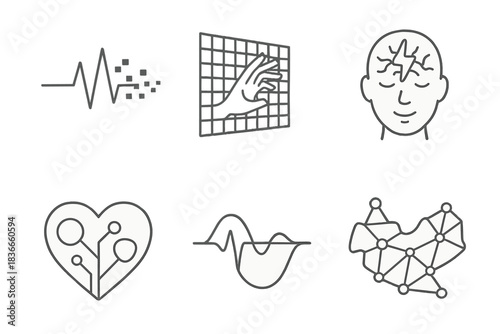 Digital Humanity Icons. Line style icons of Digital Humanity: pulse made of pixels, hand reaching through data grid, neural