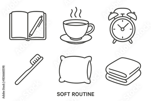 Soft Routine Icons. Line style icons of Soft Routine: open journal with pen, steaming tea cup, gentle alarm clock, toothbrush with
