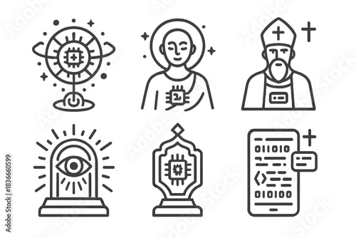 Virtual Divinity Icons. Line style icons of Virtual Divinity: sacred circuit, ethereal avatar, data priest, glowing eye portal,