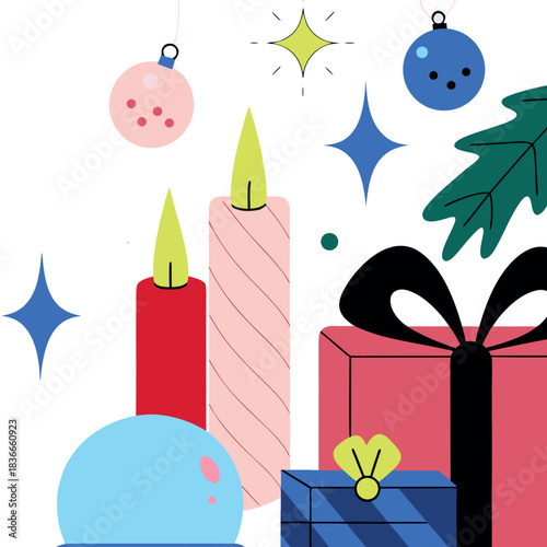 A Christmas scene with a red box and a blue box with a bow on it. There are also candles