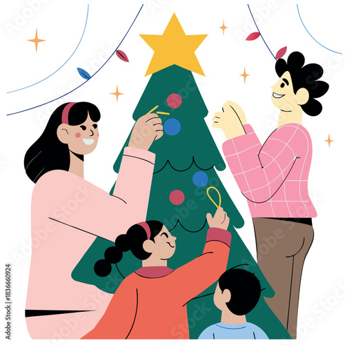 A family is gathered around a Christmas tree, decorating it together