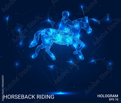 Hologram horseback riding. The scene is made of polygons, triangles, dots and lines. It is a low poly connection structure. Technology, concept, vector. Rider and horse silhouette on blue.