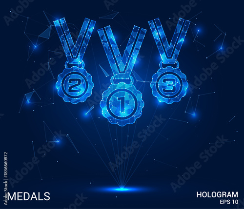 Hologram medals. The medals are made of polygons, triangles, dots and lines. The medals form a low poly connection structure. Technology, concept, vector. Medals gleam against deep blue.