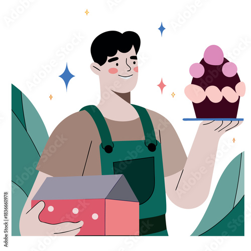 A man is holding a cake and a box. He is smiling and holding the cake in his right hand