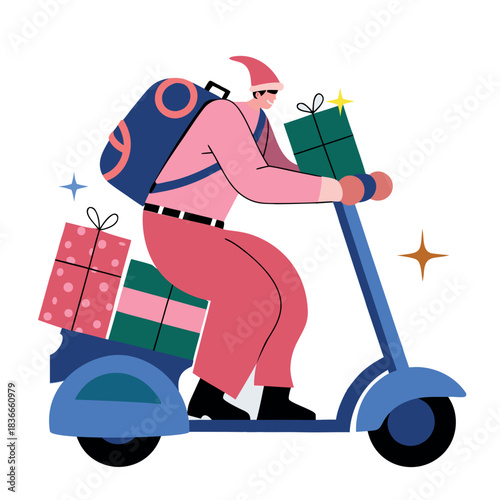 Santa Claus courier riding scooter with Christmas presents, Xmas gifts. Festive delivery. Winter holiday character driving bike, motorcycle. Flat vector illustration on white background