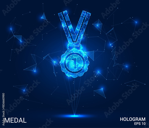 Hologram medal. The medal is made of polygons, triangles, dots and lines. The medal is a low poly connection structure. Technology, concept, vector. Single medal on a blue surface.