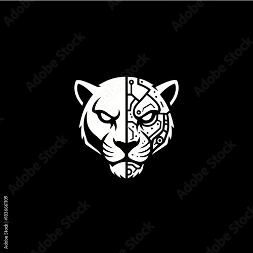 A striking black and white illustration of a cybernetic panther's head, merging organic and mechanical features.