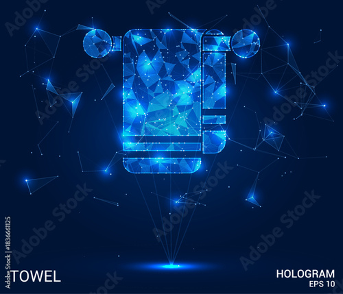 Hologram towel. The towel is made of polygons, triangles, dots and lines. The towel is a low poly connection structure. Technology, concept, vector. Towel drapes over blue tone.