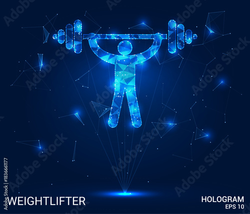 Hologram weightlifter. The weightlifter is made of polygons, triangles, dots and lines. The figure is a low poly connection structure. Technology, concept, vector. Weightlifter poses on blue stage.