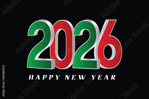 3D Red and Green 2026 Happy New Year Typography on Black Background