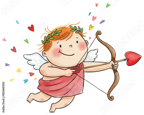 Cupid's aim. Little archer of love. Valentine's day angel. Winged cherub with bow. Heart shot, messenger of love. Ready to strike, shower of hearts. Eros love god. Little Cupid with bow and arrow