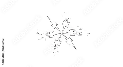 Abstract geometric starburst motif with jagged lines and symmetrical design across a minimalist composition.