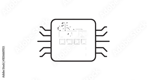 Close up of a microprocessor chip with intricate circuit traces and external connectors illustrating modern electronic technology.