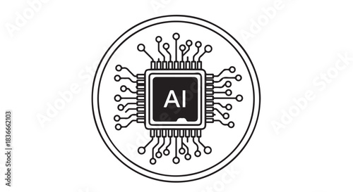 Circular emblem featuring an AI chip with surrounding circuit lines and circuitry motif.