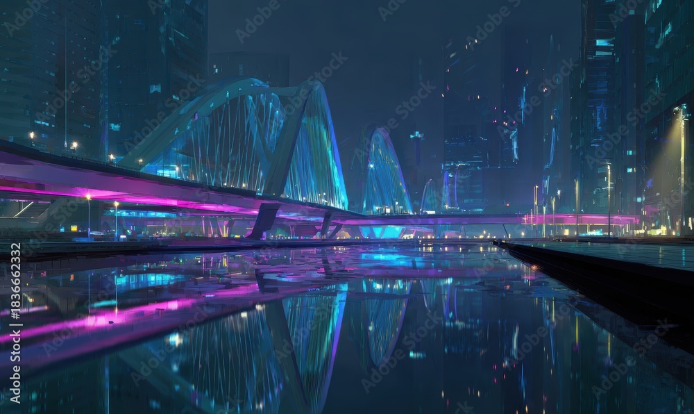 Fototapeta premium A city with a bridge and a river