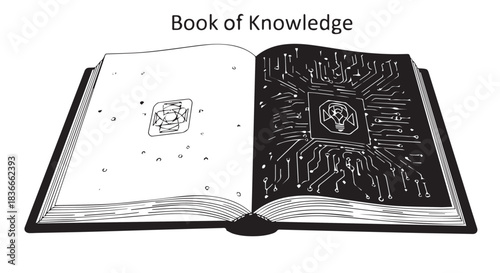 Open Book of Knowledge with Celestial Pages and Circuitry Illustration.