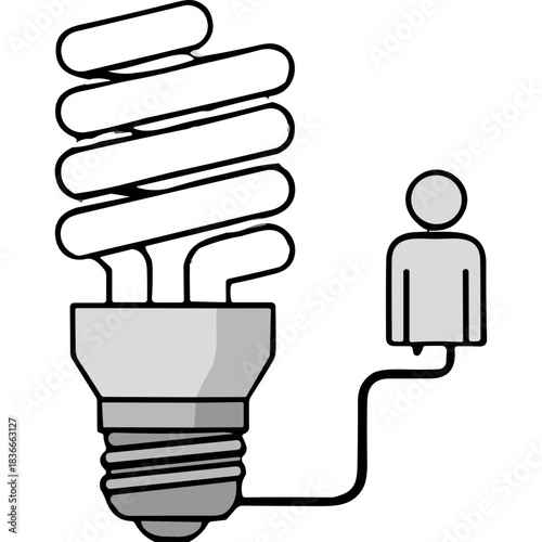 Energy Saving Compact Fluorescent Light Bulb and Human Icon Representing Electricity Consumption and Conservation on White Background