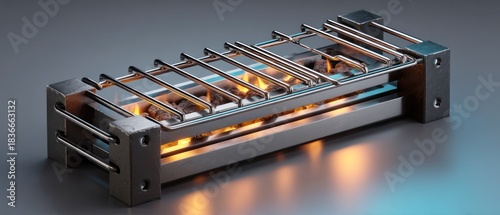 Metallic apparatus with glowing elements creating a unique abstract composition