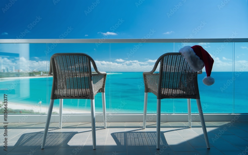 Fototapeta premium Tropical Christmas Vacation on Sunny Beach Balcony with Aqua Ocean View and Santa Hat on Chair