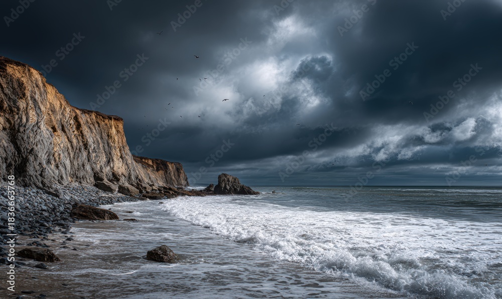 Fototapeta premium A rocky shoreline with a large body of water