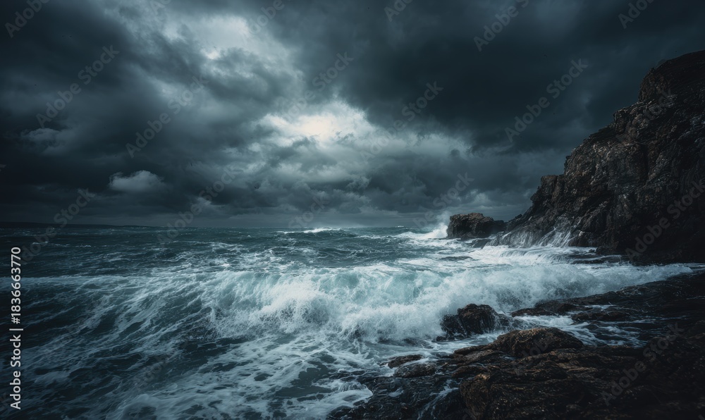 Obraz premium A large wave is crashing on a rocky shore