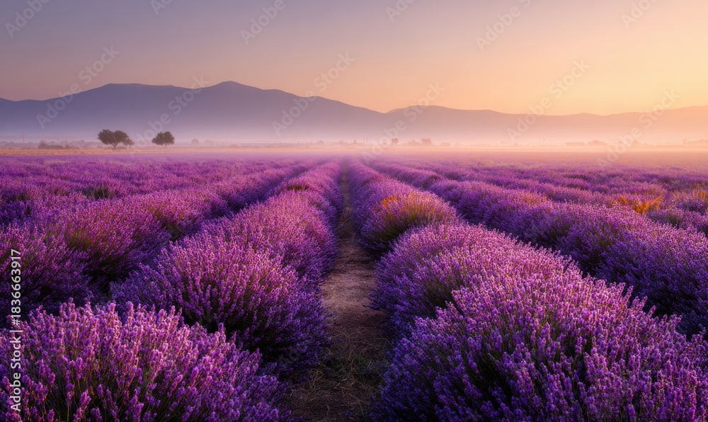 Obraz premium A field of lavender with a path through it