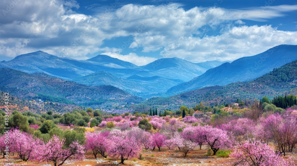 Obraz premium Spring Hills With Blooming Orchards and Wide Sky in the Countryside Showcase Nature and Landscape Beauty in an Open Area