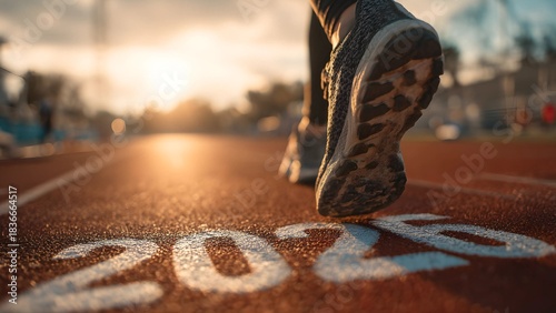Marathon athlete running success runner on a track approaching the year 2026 silhouette. On your mark, set 2026. Corredora running track, 2026 sprint track runner. 
