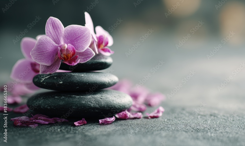 Naklejka premium Three black stones with a pink flower on top