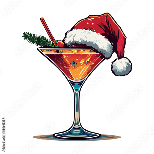 A Retro Graphic Pop illustration of a martini glass with Santa hat garnish, 70s graphic design style
