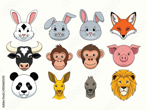Collection of cartoon animal faces vector illustration set