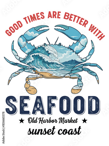 Crab with ocean waves and seafood market designisolated artwork