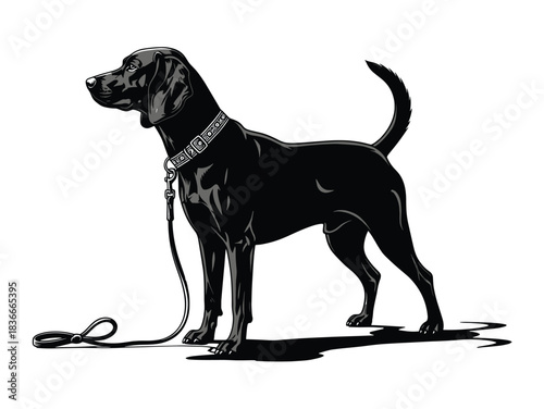 Elegant black dog illustration with leash isolated on transparent background