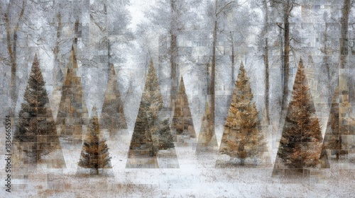 Geometric Shapes in a Winter Forest Represent Christmas Trees in a Snowy Landscape During the Holiday Season