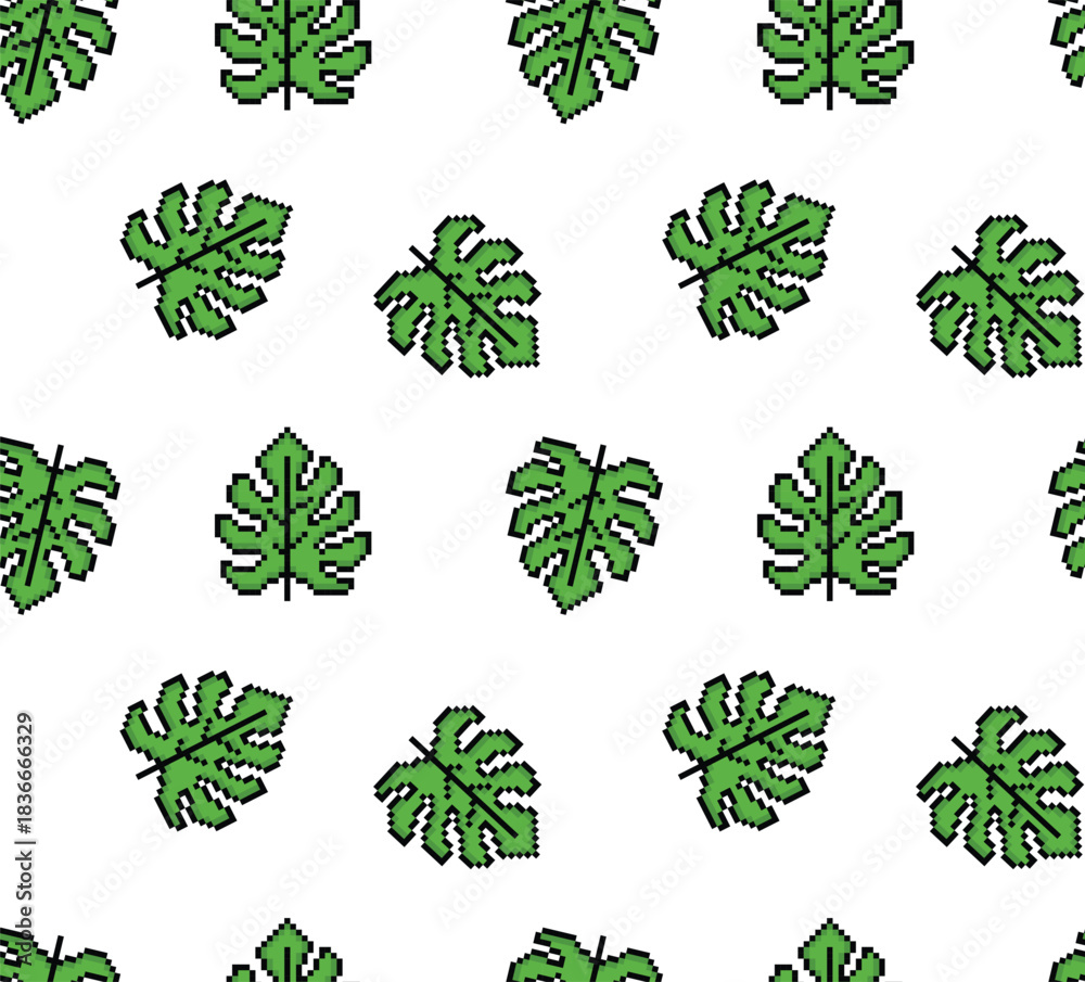 Fototapeta premium pixel monstera leaf Seamless Pattern vector background pixel art for 8 bit game 