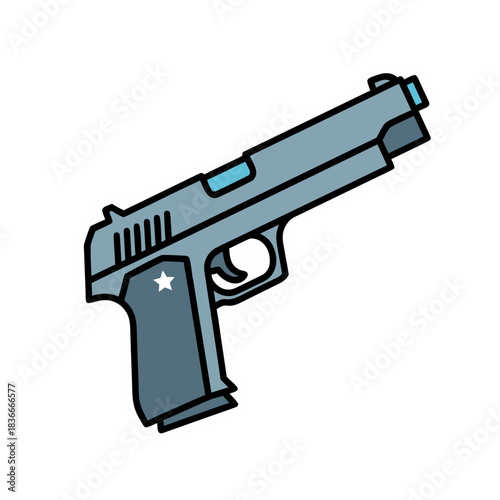 Stylized illustration of a light blue semi-automatic pistol with a white star emblem on the grip and a black background