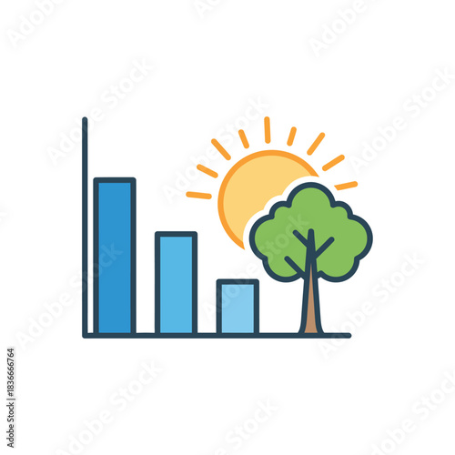 declining graph and tree under sun portraying environmental degradation impacting nature ideal for sustainability reports and climate change articles.