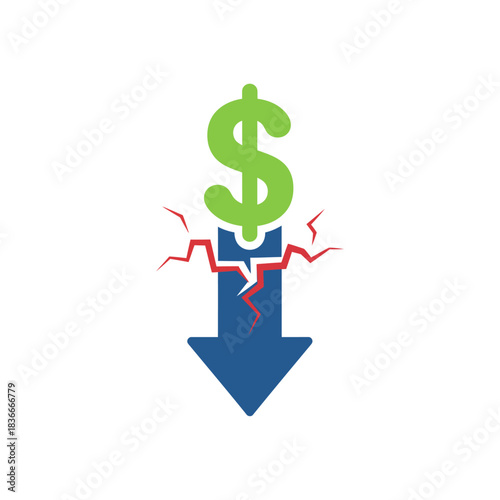 Decreasing value with a green dollar sign falling signaling economic downturn financial loss suitable for investment business  market collapse themes.