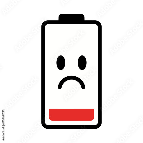 Depleted battery with sad face signaling low power conveying frustration for technology blogs and articles about energy consumption issues.