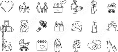 Hand-Drawn Black  White Line Art Icons Set for Love, Family, and Relationships. Doodle Illustrations of Hearts, Couples, Babies, Wedding, and Celebration Symbols.