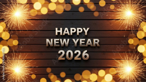 Festive New Year greeting with sparkling fireworks and glowing lights sets a mood of joyous anticipation for the arrival of the New Year. vector illustration